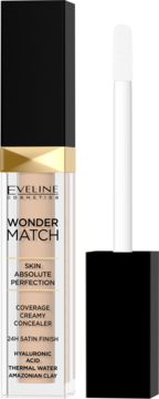 Eveline Wonder Match kremowy korektor jasnobeżowy. Widok z przodu z aplikatorem. Kwas hialuronowy, 24H satyna.