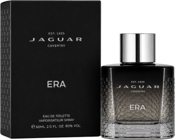 Męska woda toaletowa Jaguar Era 60ml, czarne pudełko i szklana butelka ze srebrną nakrętką, widok z przodu.