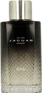 Męska woda toaletowa Jaguar Era w czarno-srebrnej butelce z fakturą plastra miodu, widok z przodu.