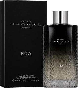 Jaguar Era Eau de Toilette dla mężczyzn, czarno-złota butelka z fakturą obok pudełka, ujęcie pod kątem.