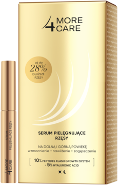 Złote opakowanie i tubka serum 4 More Care Serum Pielęgnujące Rzęsy, widok z przodu. Zawiera peptydy i kwas hialuronowy.