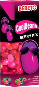 Opakowanie Bebeto CoolBeans Berry Mix: różowo-czarne, z fasolkami w okularach, widoczne owoce i cukierki.