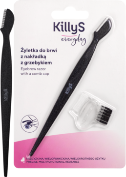 Killys czarna żyletka do brwi z ochronną nakładką-grzebykiem, do precyzyjnej depilacji, w opakowaniu.