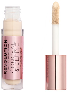 Revolution Conceal&Define korektor C1 w butelce, obok aplikator z rose gold zakrętką i produktem.