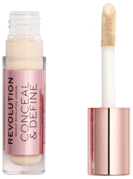 Revolution Conceal&Define korektor C1 w butelce, obok aplikator z rose gold zakrętką i produktem.