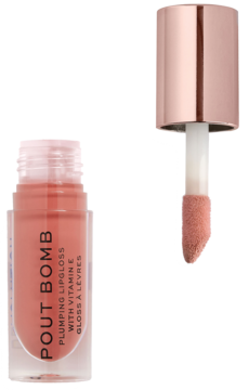 Różowy błyszczyk Revolution Pout Bomb Plumping Gloss z witaminą E, widok butelki i aplikatora na czarnym tle.