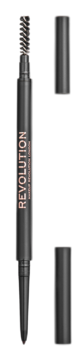 Pionowa, dwustronna kredka do brwi Makeup Revolution Precise Brow Pencil ciemny brąz ze szczoteczką, otwarte skuwki.