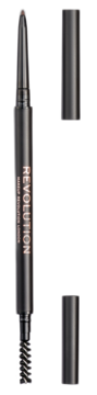 Makeup Revolution Precise Brow Pencil, średni brąz. Czarna kredka do brwi z otwartymi skuwkami, widoczna końcówka i szczoteczka.