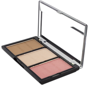 Otwarta czarna paleta Revolution Ultra Sculpt&Contour. Widać bronzer, rozświetlacz i róż dla jasnej cery.