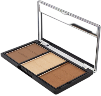 Paleta Revolution Ultra Sculpt&Contour, czarna, otwarta, z lusterkiem, zawiera bronzer, róż i rozświetlacz.
