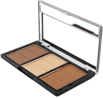 Paleta Revolution Ultra Sculpt&Contour, czarna, otwarta, z lusterkiem, zawiera bronzer, róż i rozświetlacz.