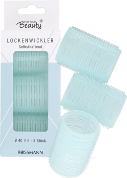 Jasnoniebieskie, samoprzylepne wałki do włosów For Your Beauty 40mm, w opakowaniu i trzy obok niego.