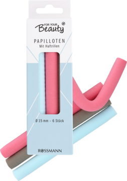 Papiloty for your beauty Ø 15 mm, różowe, szare i błękitne, w opakowaniu Rossmann i luźno obok, widok z przodu.