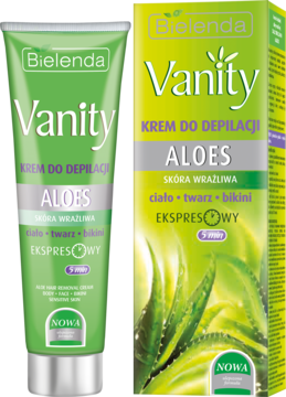 Bielenda Vanity ekspresowy krem do depilacji z aloesem do wrażliwej skóry, zielona tubka i pudełko, widok.