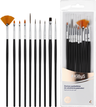 Zestaw 10 czarnych pędzelków KillyS do zdobień paznokci, w tym pomarańczowy wachlarz, w opakowaniu.
