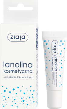 Ziaja lanolina kosmetyczna 100%, białe opakowanie i tubka z niebieskimi sercami, widok z przodu, na suchą skórę.