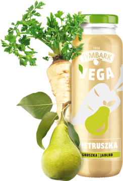 Sok Tymbark VEGA wieloowocowy z pietruszką w jasnej butelce, obok świeża pietruszka i zielona gruszka.