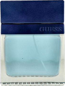 Guess Seductive Homme Blue: męskie perfumy, jasnoniebieski płyn, przezroczysta butelka, ciemnoniebieska nakrętka, widok z przodu.
