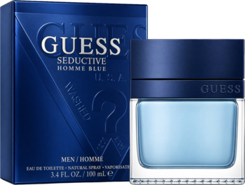 Guess Seductive Homme Blue EDT męska, jasnoniebieska butelka przed ciemnym granatowym pudełkiem.