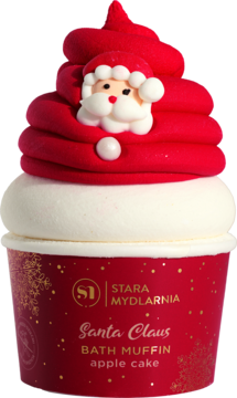 Świąteczna muffinka do kąpieli Stara Mydlarnia Santa Claus, z wizerunkiem Mikołaja, zapach jabłkowego ciasta. Widok z przodu.