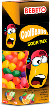 Czarne pudełko żelków Bebeto Cool Beans Sour Mix z przerażonymi fasolkami i owocami. Widać kolorowe kwaśne żelki.