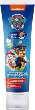 Niebieska tubka Nickelodeon Paw Patrol, koloryzująca farbka do kąpieli z postaciami Chase i Marshalla.