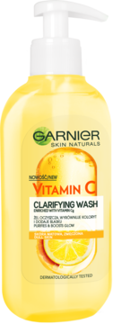 Żółty żel do twarzy Garnier Vitamin C Clarifying Wash z pompką, z grafiką cytryny, widok z przodu.