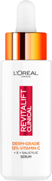 L'Oréal Revitalift Clinical 12% Vitamin C Serum, biała butelka ze złotym kroplomierzem, widok z przodu.