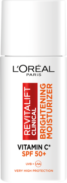 L'Oréal Revitalift Clinical Brightening Moisturizer SPF 50+ z witaminą C, biała butelka, widok przód.