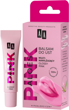 Różowy balsam do ust AA Aloes Pink w tubce obok pudełka. Nawilżający, z różowym aloesem i połyskiem.