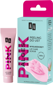 AA Aloes Pink wygładzający peeling do ust. Różowa tubka i pudełko z turkusowo-różowym gradientem, widok z przodu.