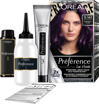 Zestaw farb L'Oréal Preference Magnetic Plum 3.161 do włosów, z pudełkiem, butelkami, tubką i ulotką obok.