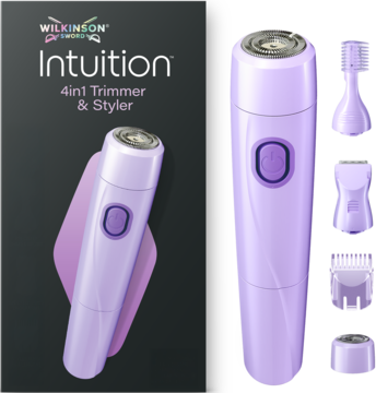 Wilkinson Intuition 4w1 Perfect Finish, fioletowy trymer do twarzy i ciała, obok pudełka z akcesoriami.