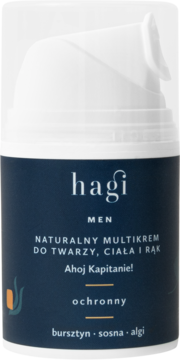 Hagi MEN Naturalny Multikrem Ahoj Kapitanie! ochronny, w ciemnoniebieskiej butelce z białą pompką.