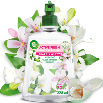 Air Wick Active Fresh, odświeżacz Białe Kwiaty, formuła na bazie wody, butelka wśród białych kwiatów.