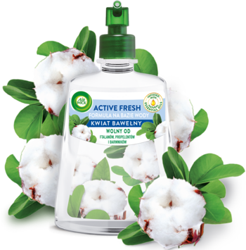 Air Wick Active Fresh Kwiat Bawełny, płynny odświeżacz w przezroczystej butelce z zielonym atomizerem, otoczony bawełną.