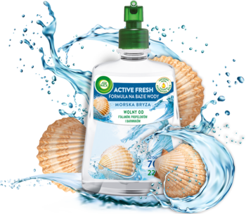 Air Wick Active Fresh odświeżacz powietrza Morska Bryza, biała butelka z zieloną pompką, otoczona muszlami i wodą.