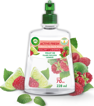 Wkład do odświeżacza Air Wick Active Fresh, zapach maliny i limonki, 228ml, z zieloną nakrętką.