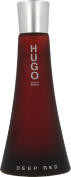Ciemnoczerwona, stożkowa butelka Hugo Deep Red eau de parfum Hugo Boss z srebrnym korkiem, widok z przodu.