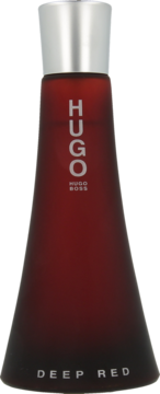 Ciemnoczerwona, stożkowa butelka Hugo Deep Red eau de parfum Hugo Boss z srebrnym korkiem, widok z przodu.