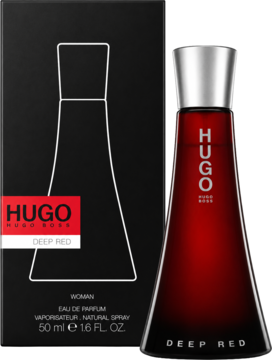 Hugo Boss Deep Red woda perfumowana 50 ml, czerwona butelka i czarne pudełko z białym obrysem, widok z przodu.