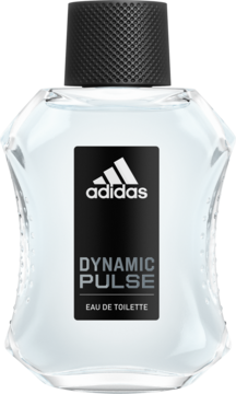 Woda toaletowa adidas Dynamic Pulse dla mężczyzn, przezroczysta butelka z czarną etykietą i nakrętką, widok z przodu.