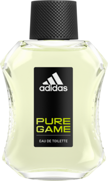 Męska woda toaletowa Adidas Pure Game, butelka z czarną etykietą i nakrętką, widok z przodu.