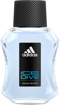 Adidas Ice Dive męska woda toaletowa, jasnoniebieska butelka z czarną etykietą, czarny, teksturowany korek. Przód.