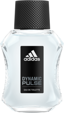 Woda toaletowa Adidas Dynamic Pulse, przezroczysta butelka o fasetowanej formie, z czarną etykietą i nakrętką.