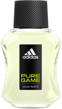 Męska woda toaletowa Adidas Pure Game, szklana butelka z żółtym płynem i czarną nakrętką, widok z przodu.