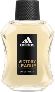 Zbliżenie na butelkę męskiej wody toaletowej Adidas Victory League z żółtym płynem i czarną etykietą.