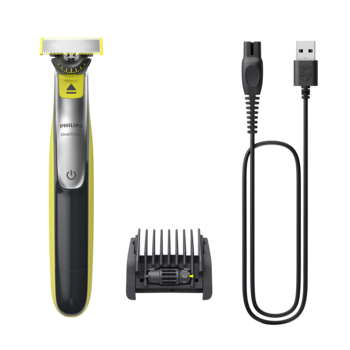 Golarka Philips OneBlade 360 z nasadką do przycinania i kablem USB, widok z przodu na czarnym tle.