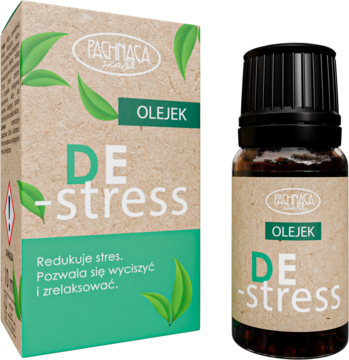 Olejek De-Stress w brązowej butelce i pudełku z zielonymi liśćmi, do redukcji stresu, widok z przodu.