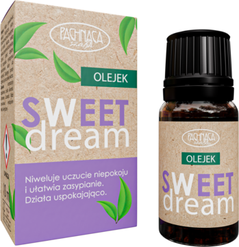 Olejek Sweet Dream do snu i relaksu, w ekologicznym pudełku i ciemnej szklanej butelce, widok z przodu.